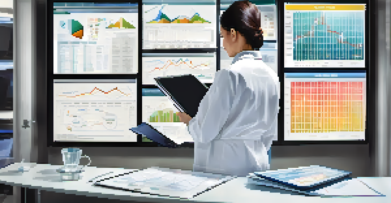 A healthcare professional reviewing data on a tablet in a modern office, with graphs and charts about healthcare costs and the Affordable Care Act in the background.