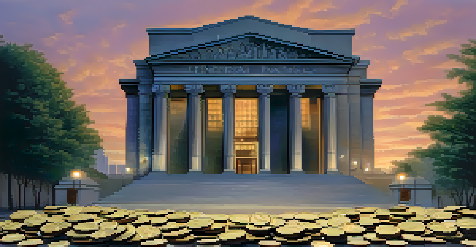 A central bank building at dusk with stacks of coins in the foreground, symbolizing inflation management.