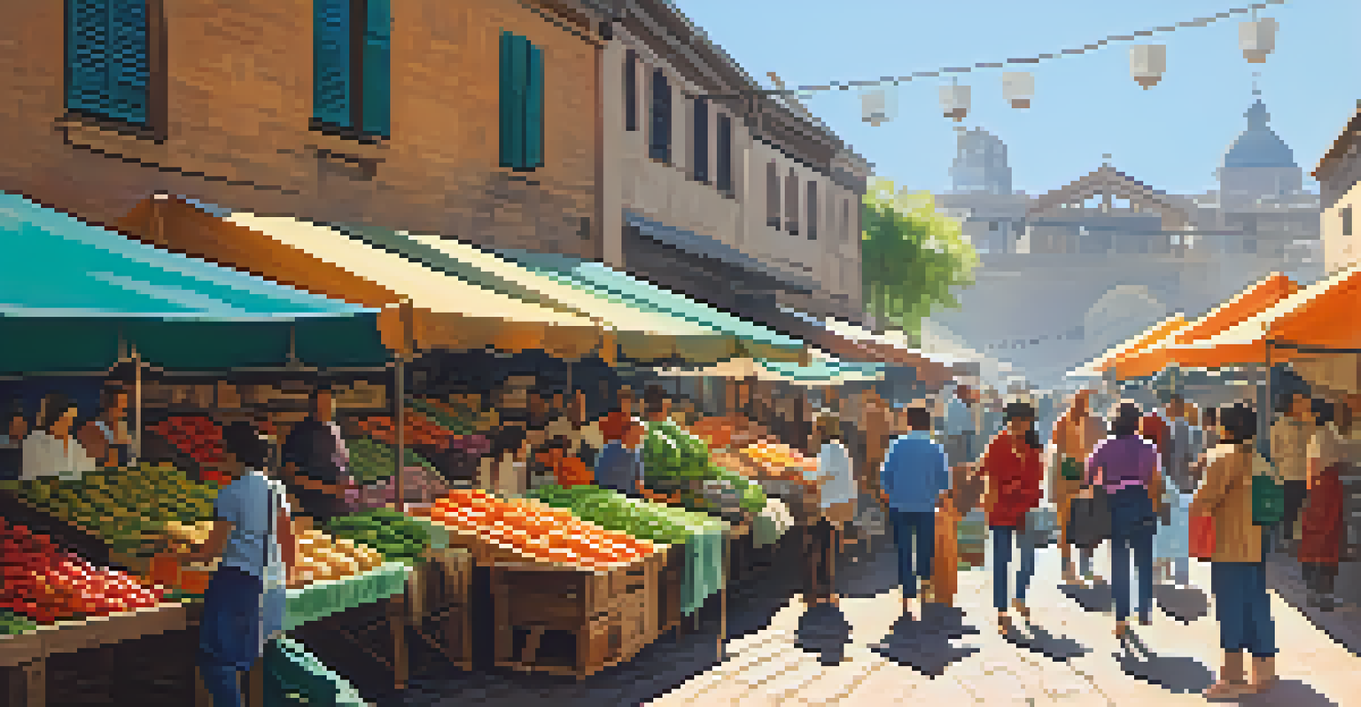 A vibrant outdoor market with stalls selling fresh produce and crafts, filled with shoppers and vendors under the warm afternoon sun.