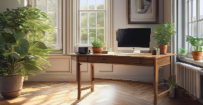 A cozy home office with a wooden desk, a laptop, paperwork, and a cup of coffee, illuminated by sunlight from a large window.