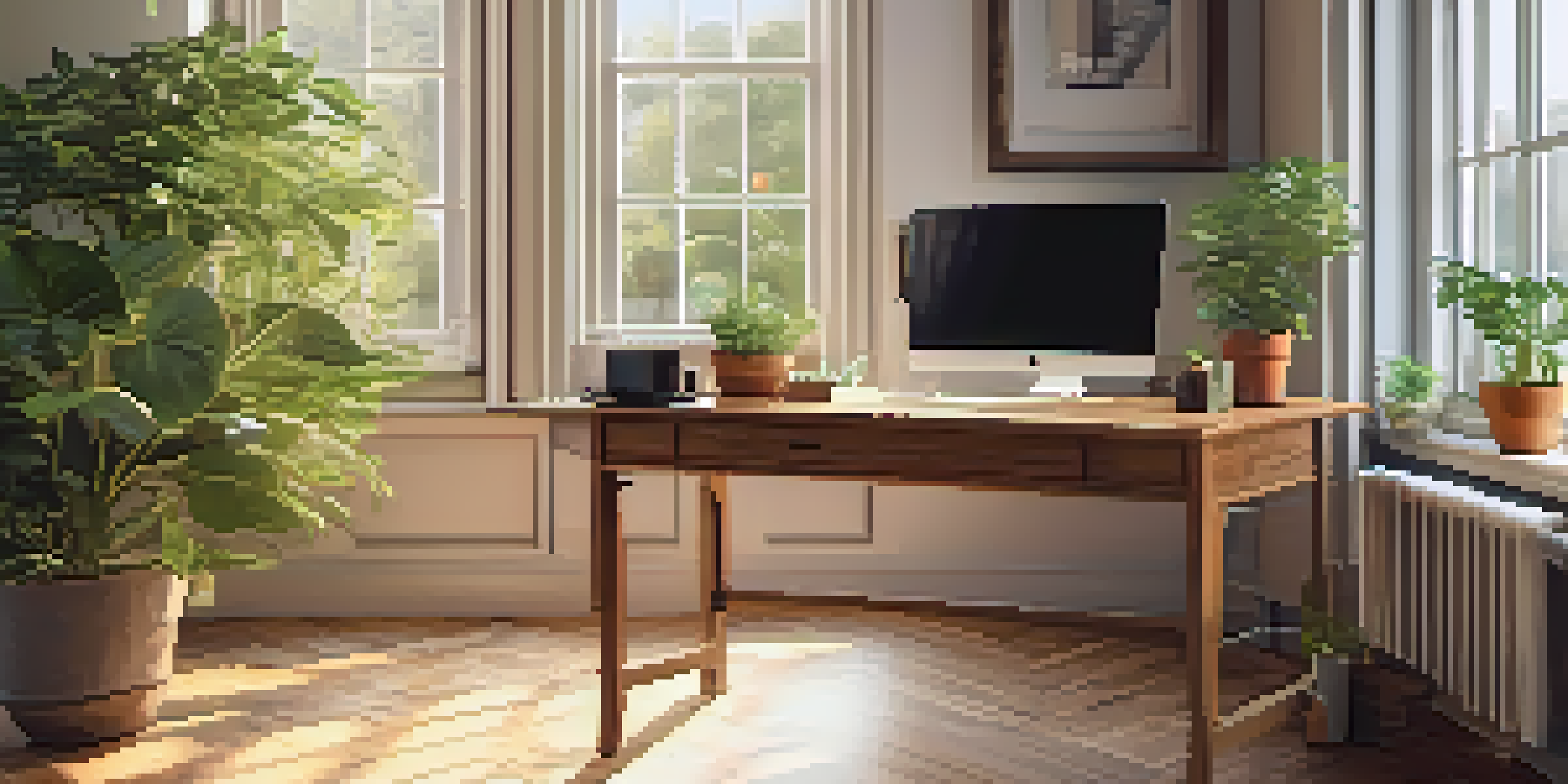 A cozy home office with a wooden desk, a laptop, paperwork, and a cup of coffee, illuminated by sunlight from a large window.
