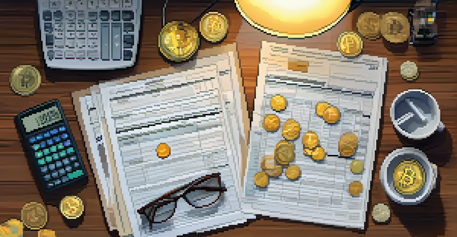 An overhead view of a wooden desk filled with tax forms, a calculator, and cryptocurrency coins, under the warm glow of a desk lamp.