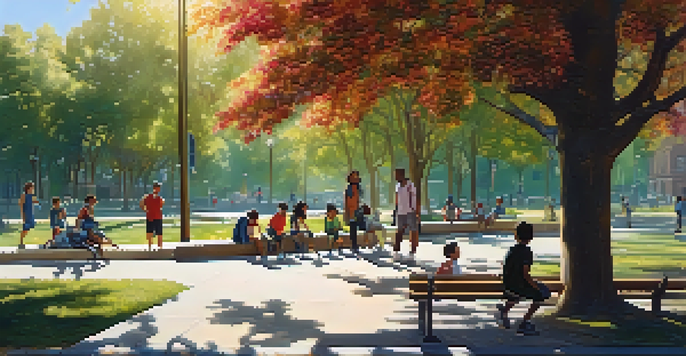 A diverse community in a park with children playing soccer and adults conversing, surrounded by blooming flowers and trees under a clear blue sky.