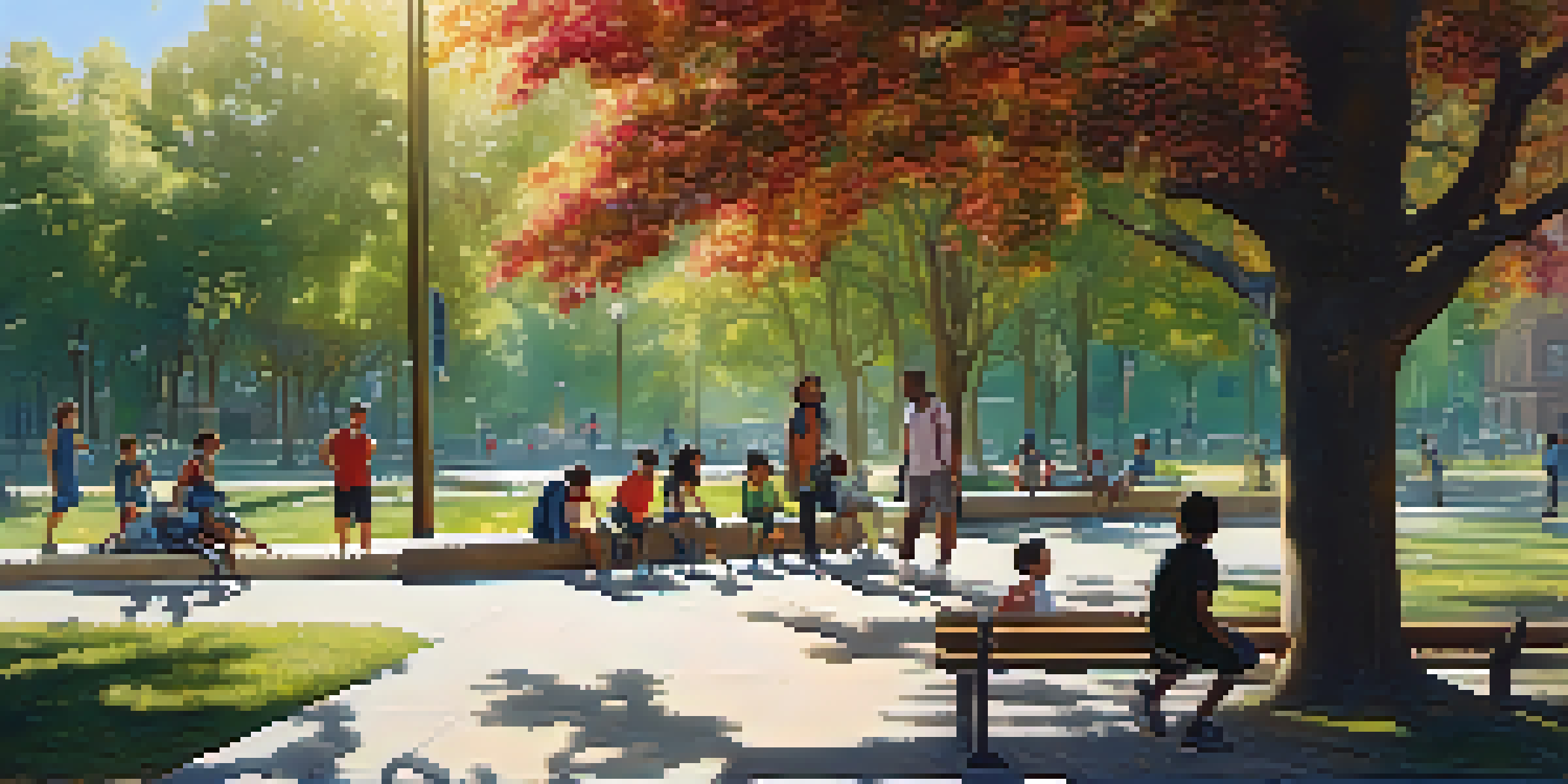 A diverse community in a park with children playing soccer and adults conversing, surrounded by blooming flowers and trees under a clear blue sky.