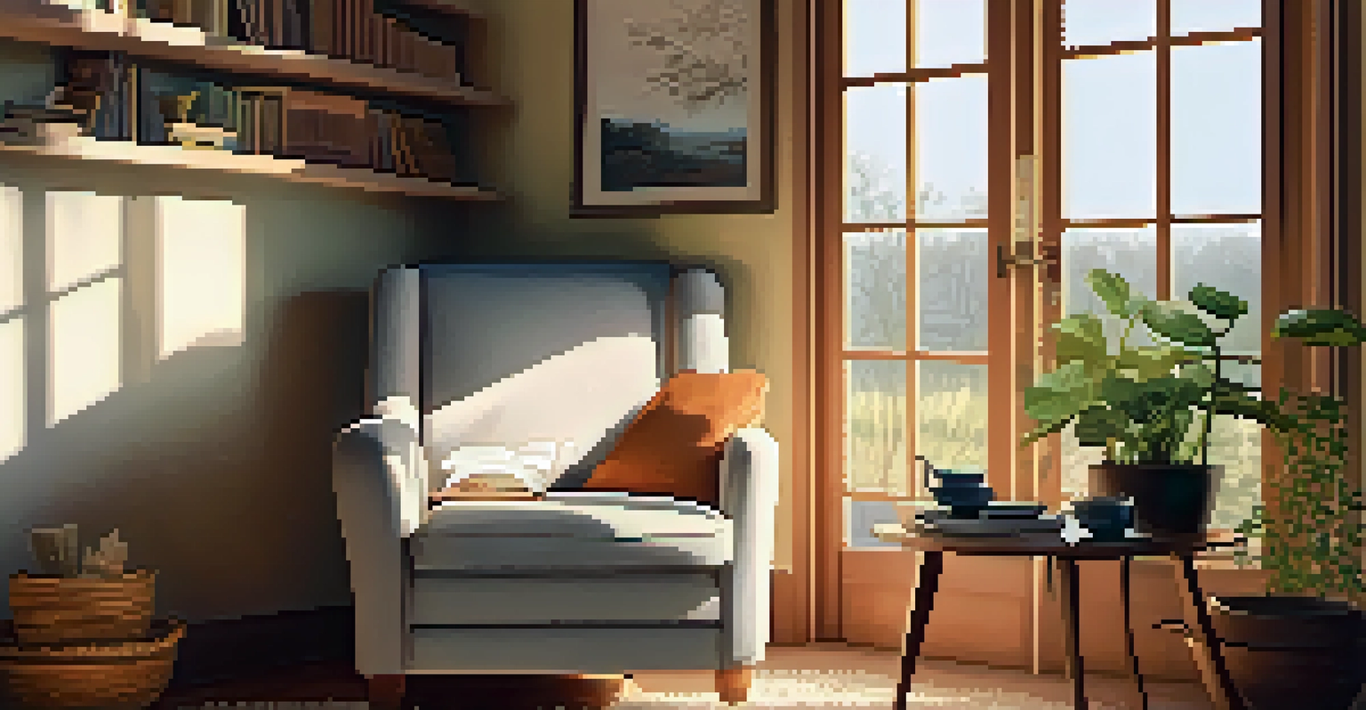 A warm reading nook with a chair, books, and a cup of tea, bathed in sunlight.