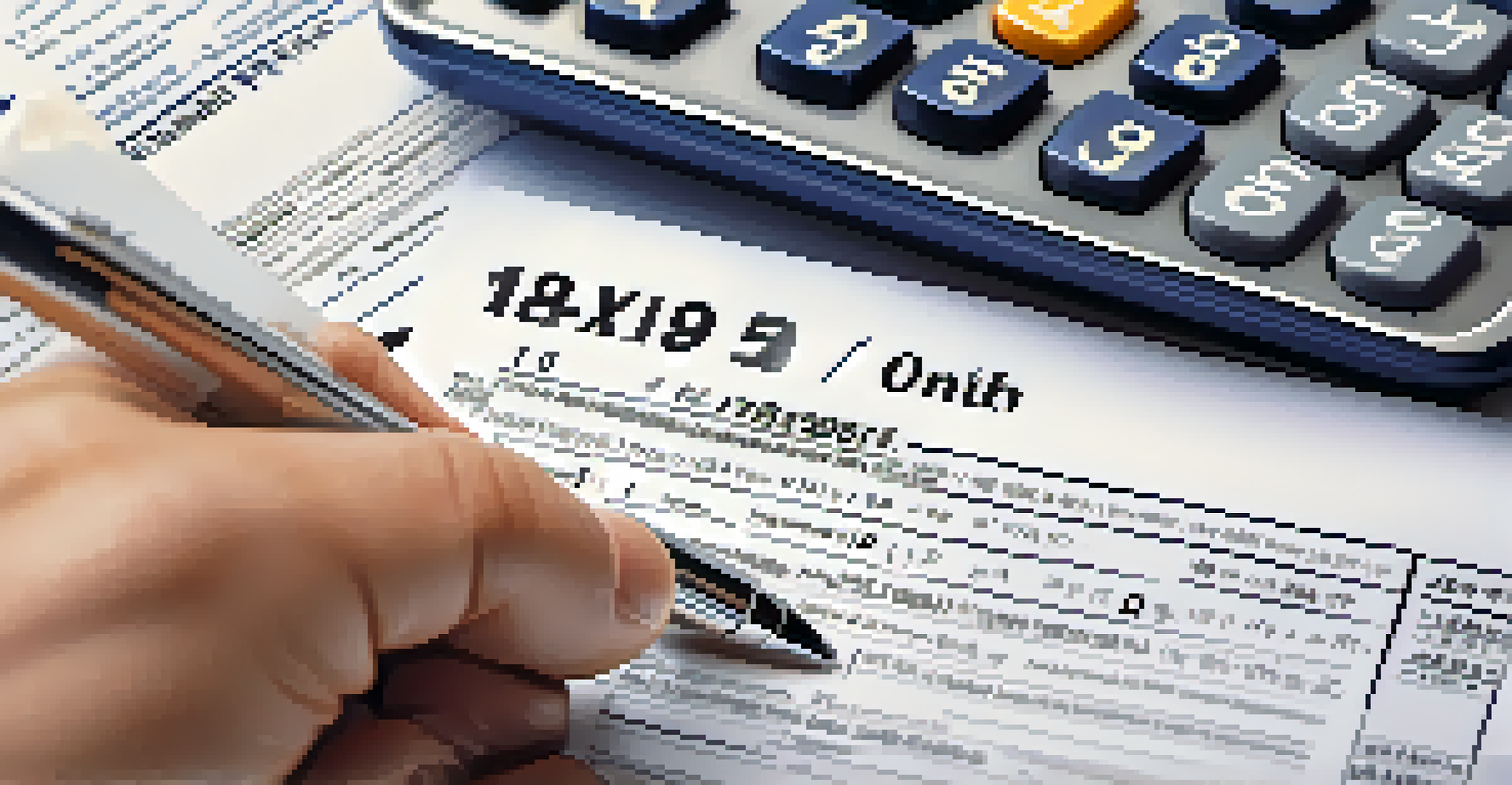 A hand holding a pen over a tax form with a calculator and papers in the background.