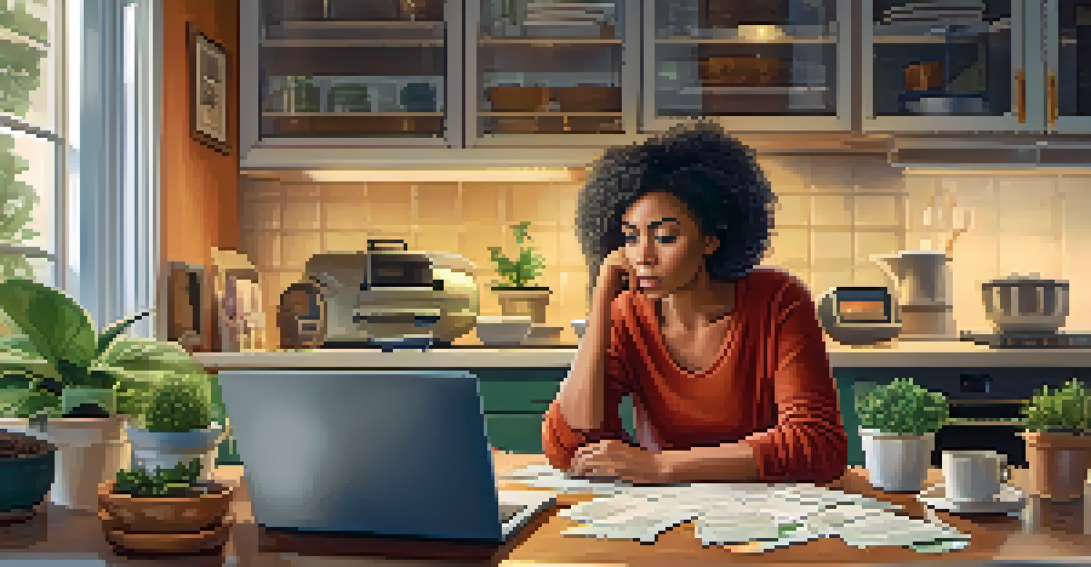 A worried homeowner at a kitchen table, looking at bills and a laptop, surrounded by a cozy environment.
