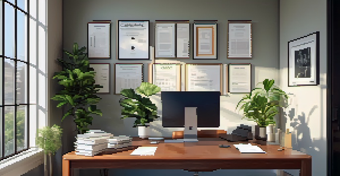 A calm office environment with a tidy desk, laptop, legal papers, and a coffee cup, lit by gentle sunlight from a window.