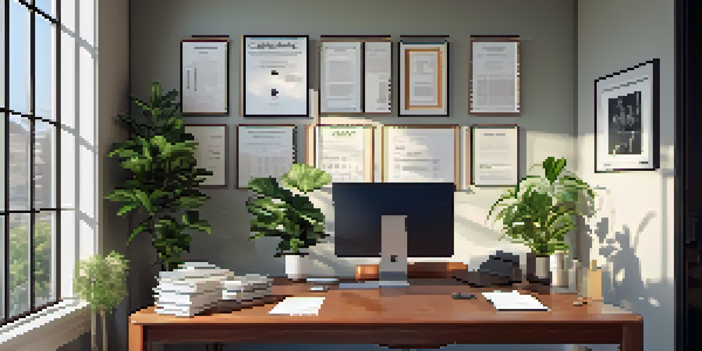 A calm office environment with a tidy desk, laptop, legal papers, and a coffee cup, lit by gentle sunlight from a window.