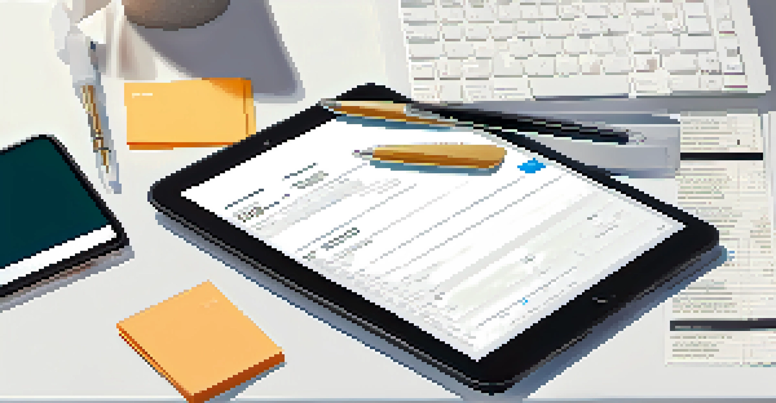 A modern desk with a digital tablet showing a budgeting app, receipts, and a pen.