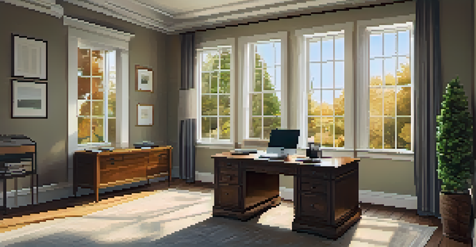 A cozy office setting with a wooden desk, organized papers, and a laptop, illuminated by warm sunlight from a large window.