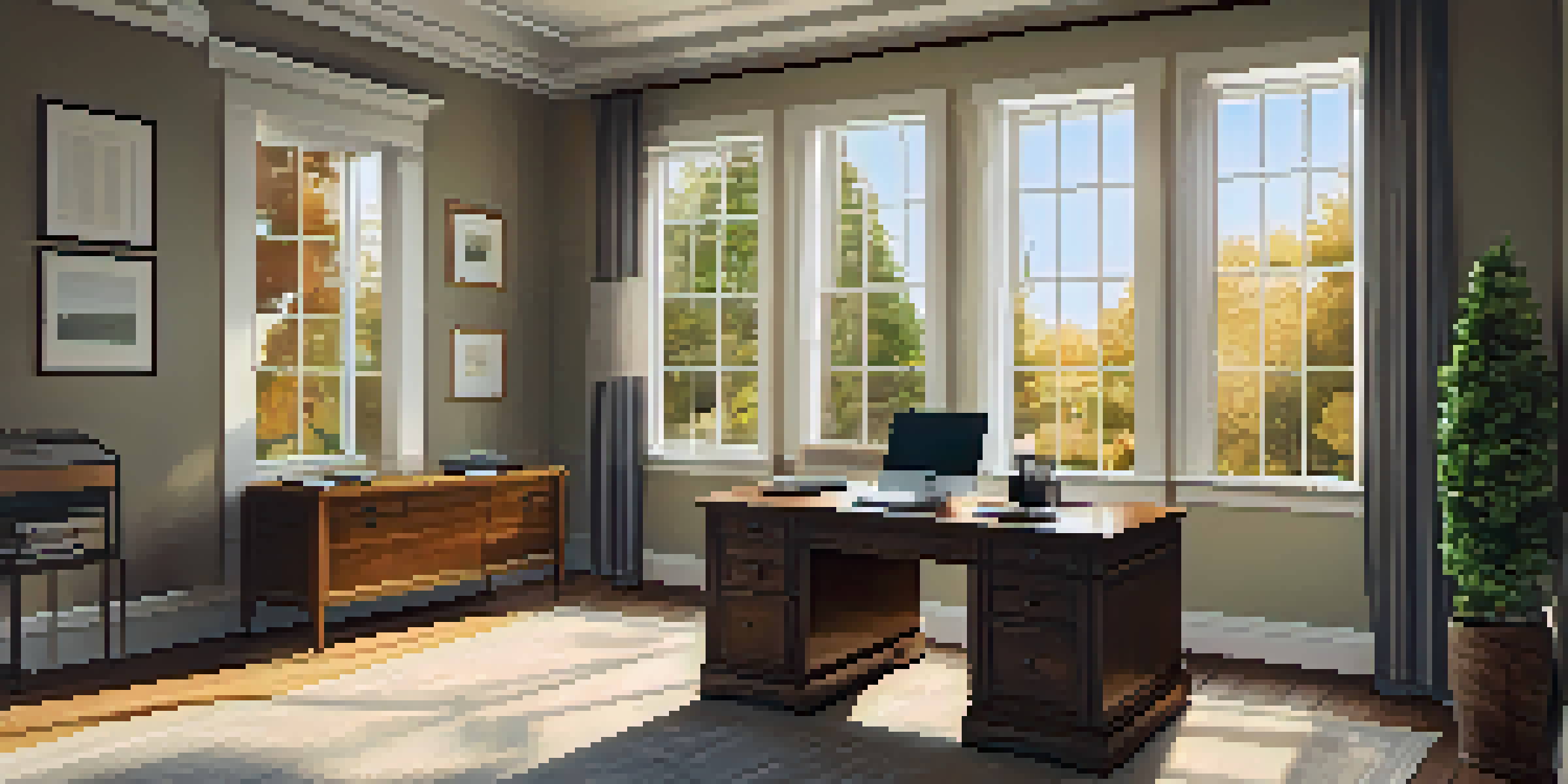 A cozy office setting with a wooden desk, organized papers, and a laptop, illuminated by warm sunlight from a large window.