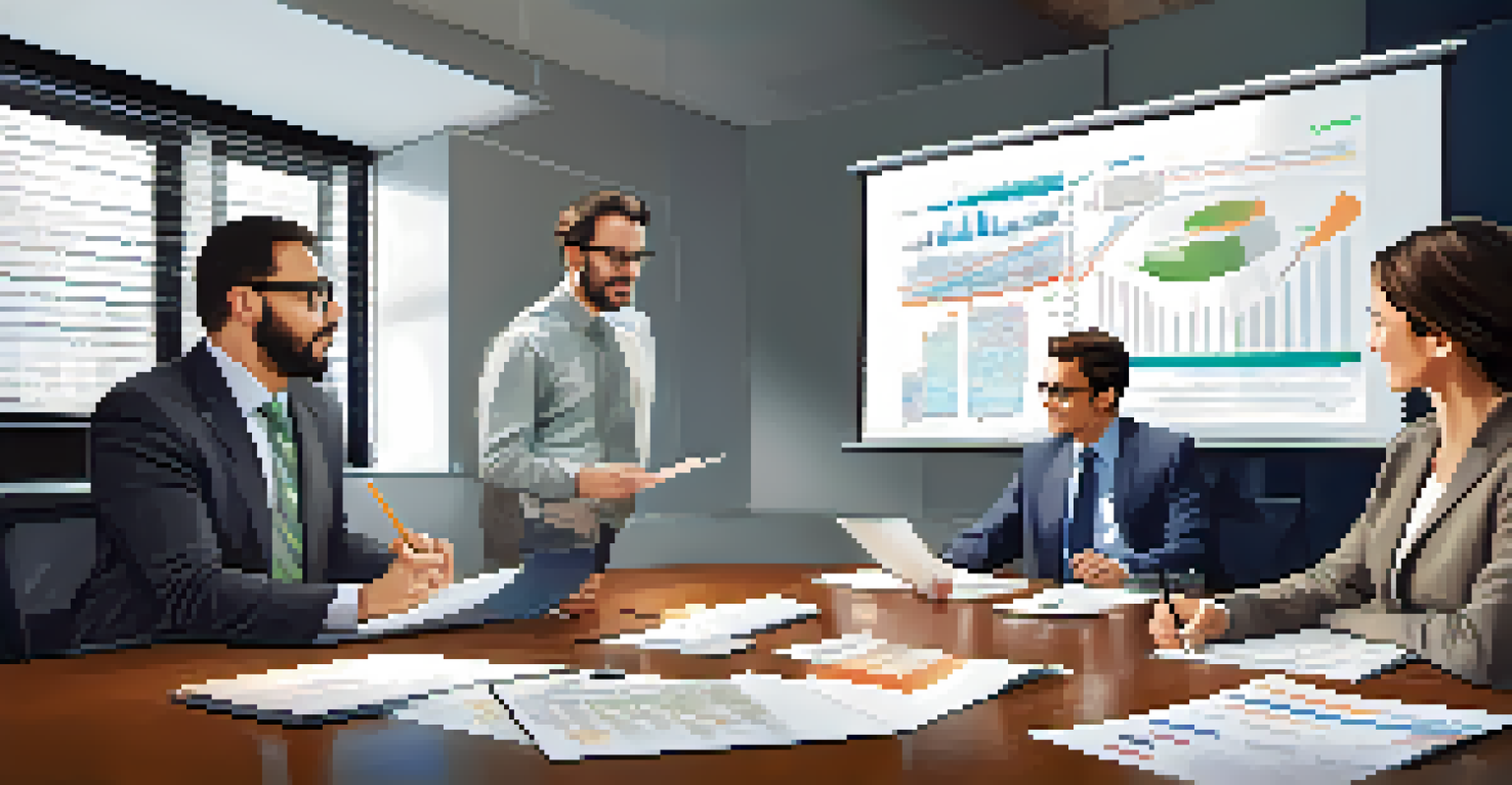 A tax advisor and a startup owner discussing financial documents at a conference table, with a whiteboard in the background.
