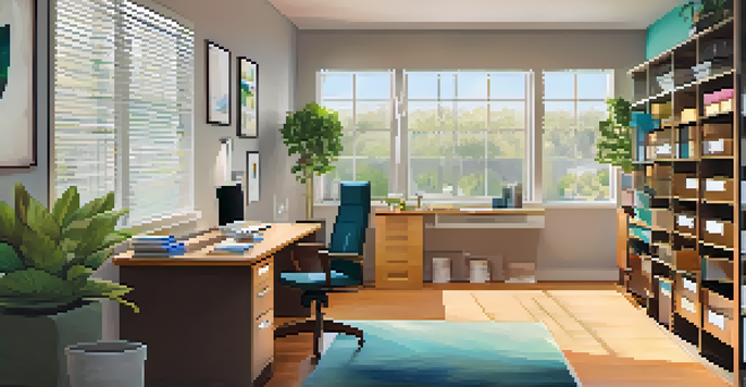 A well-organized home office with colorful labeled folders, a laptop, and a potted plant on the desk.