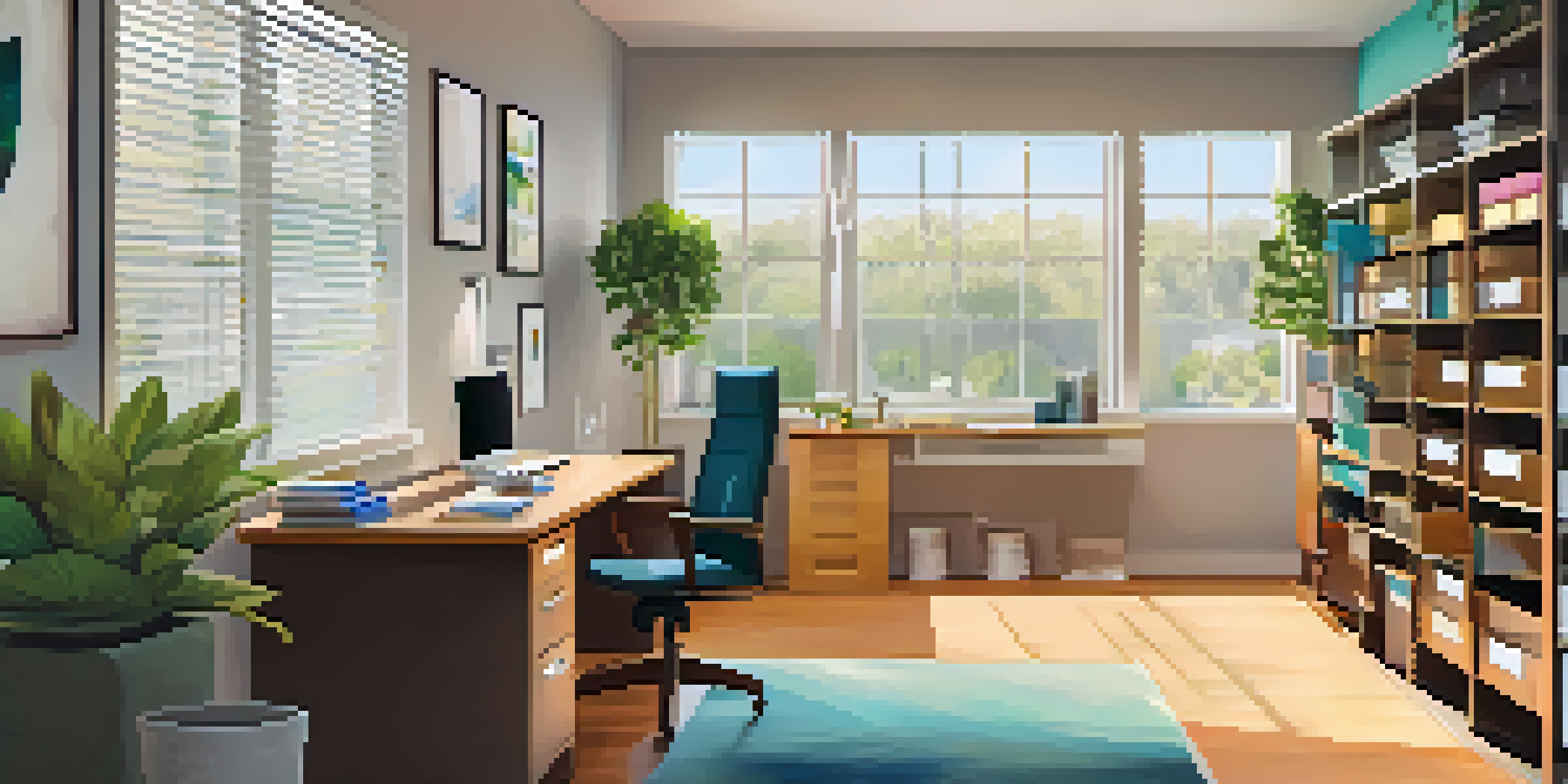 A well-organized home office with colorful labeled folders, a laptop, and a potted plant on the desk.