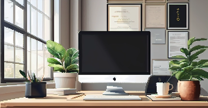A peaceful office area featuring a wooden desk with a laptop displaying tax documents, a potted plant, and framed motivational quotes on the walls.