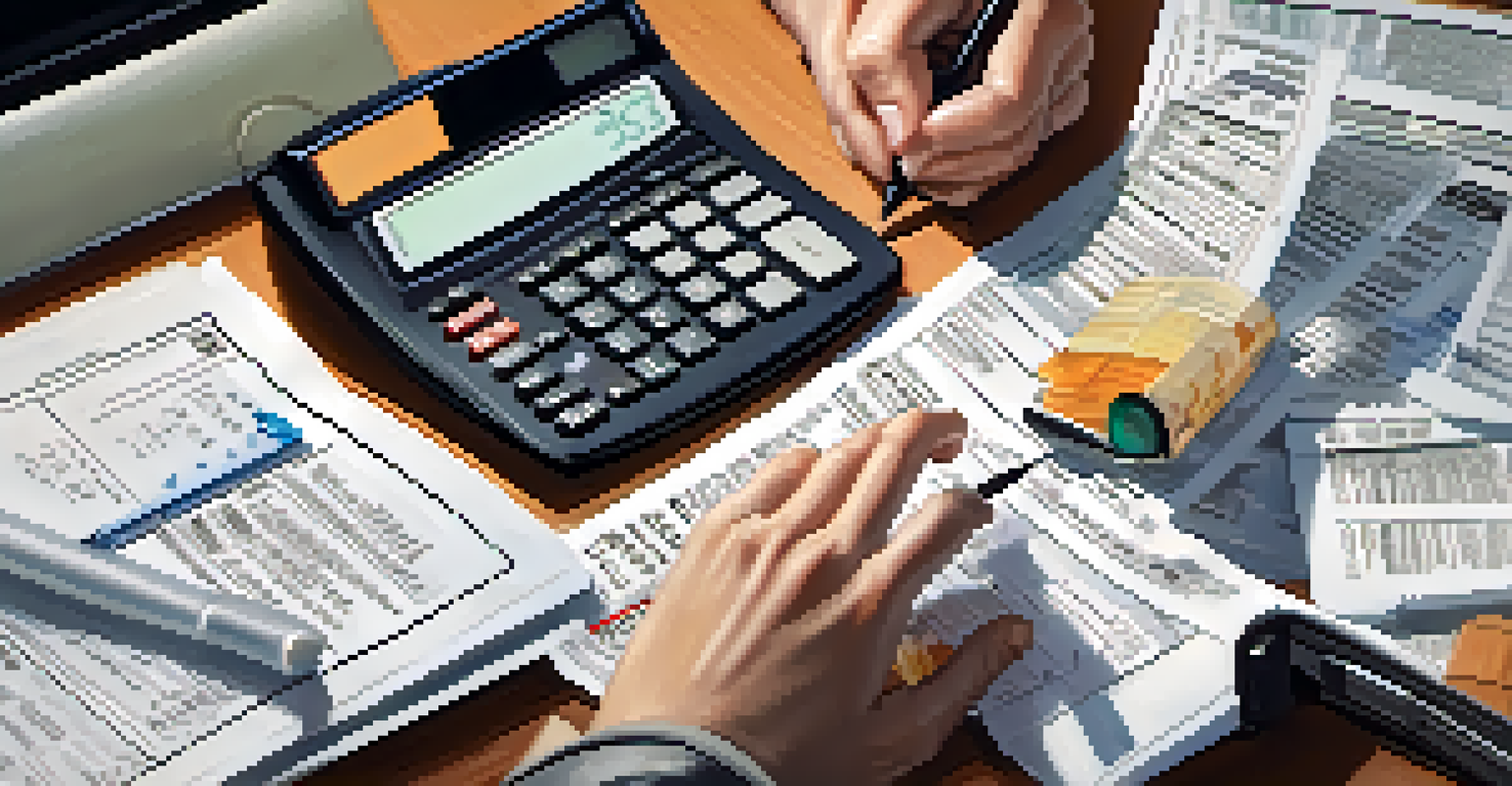 A person calculating taxes with a calculator and paperwork on a desk.