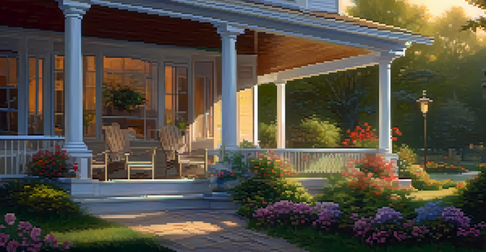 A peaceful retirement scene with a cozy porch and a garden, illuminated by golden hour sunlight, featuring blooming flowers and a water fountain.