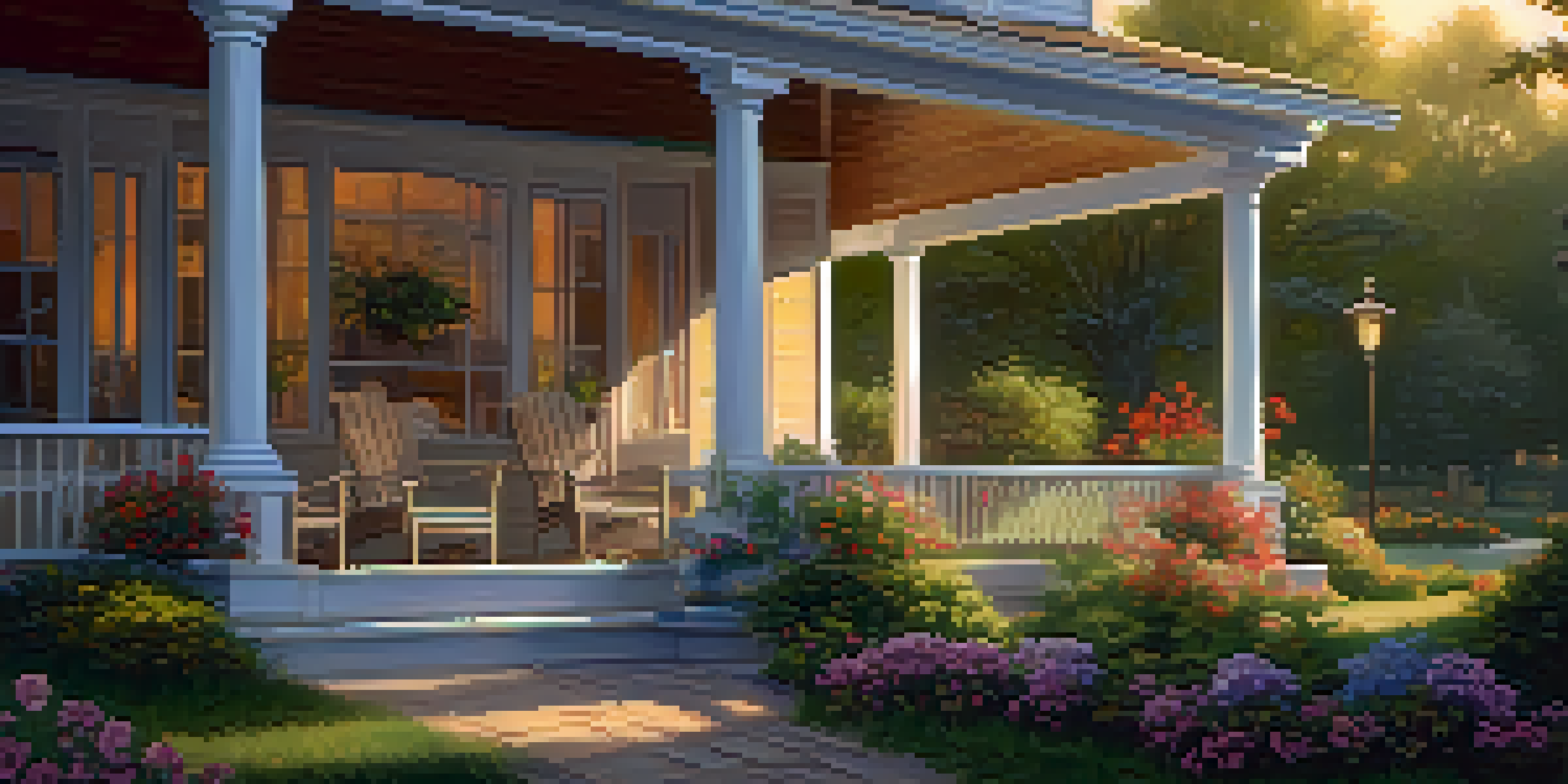 A peaceful retirement scene with a cozy porch and a garden, illuminated by golden hour sunlight, featuring blooming flowers and a water fountain.