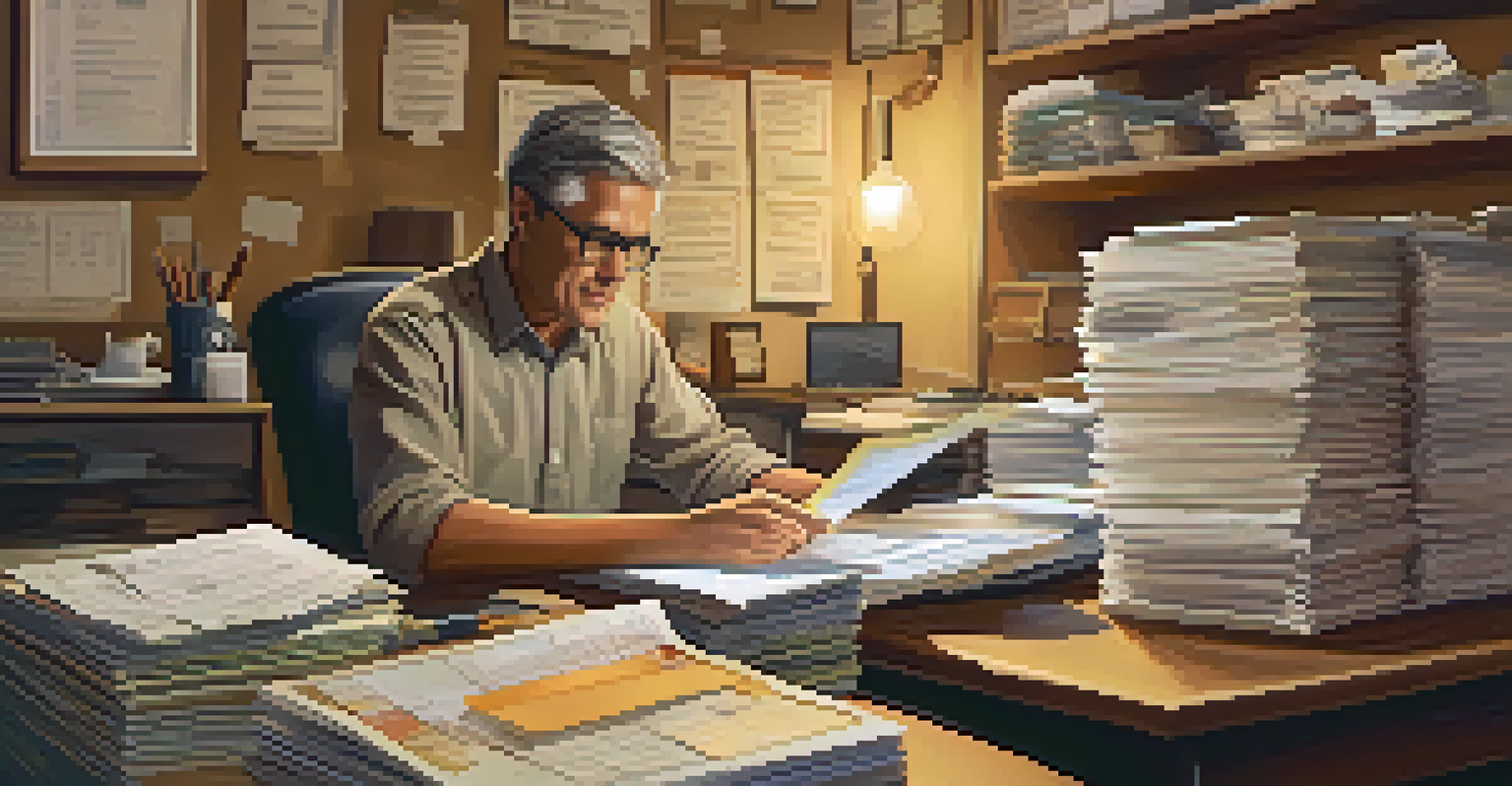 A small business owner analyzing financial records at a cluttered desk with receipts, a calculator, and a laptop.