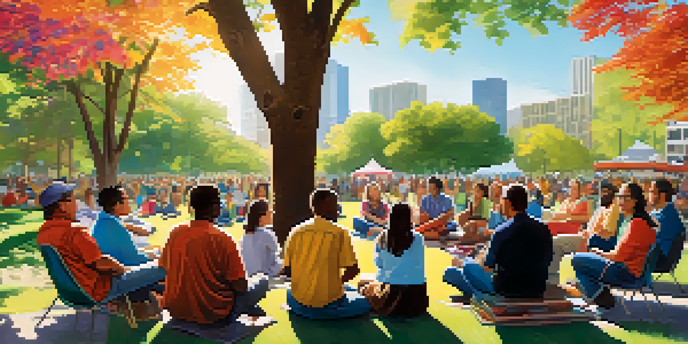 A diverse group of people in a sunny park having a community meeting about tax allocation, with colorful banners in the background.