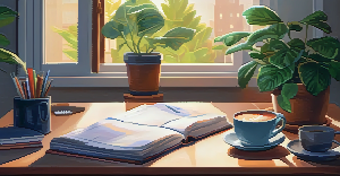 A cozy home office with a wooden desk, a laptop, and a steaming cup of coffee, illuminated by soft warm lighting from a nearby window.