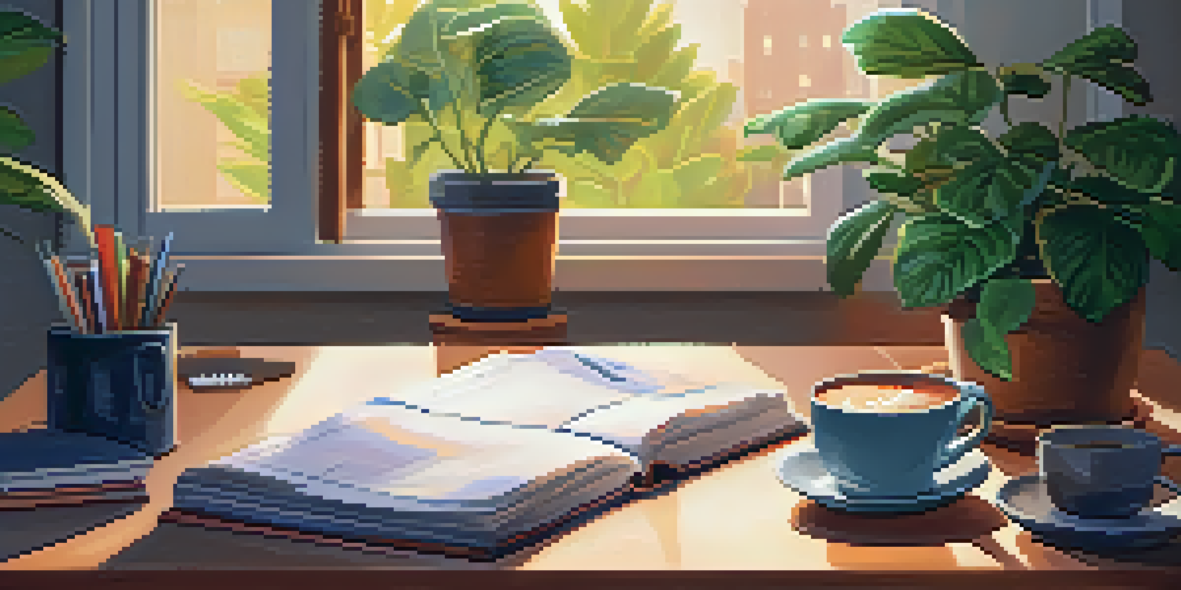 A cozy home office with a wooden desk, a laptop, and a steaming cup of coffee, illuminated by soft warm lighting from a nearby window.