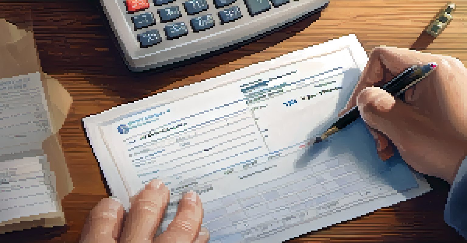 Close-up of hands holding a receipt for a charitable donation, with a calculator and notebook in the background.