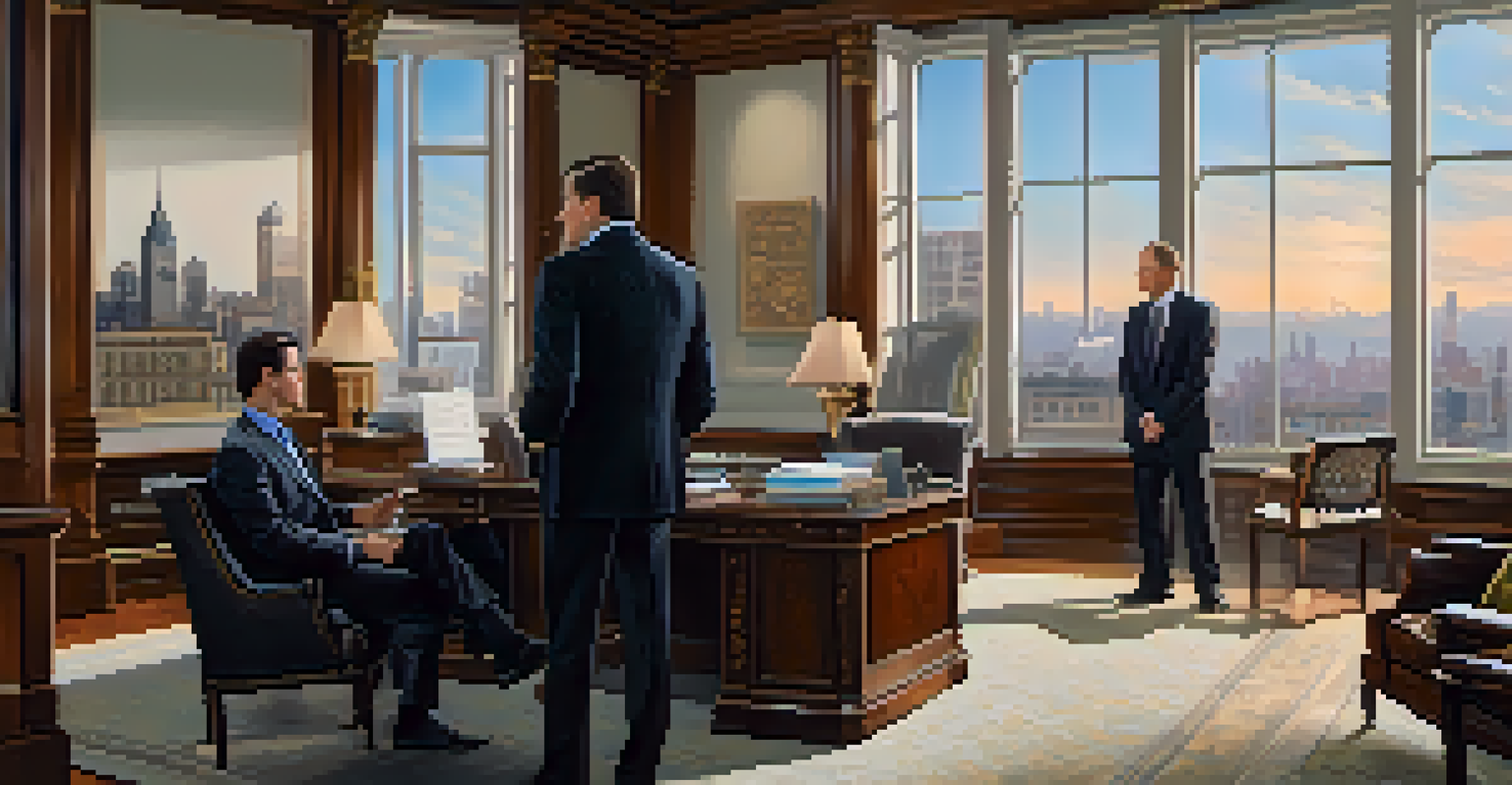 A tax advisor consulting a client in an elegant office, pointing to a chart on a laptop about inheritance tax calculations, with a city skyline visible through the window.