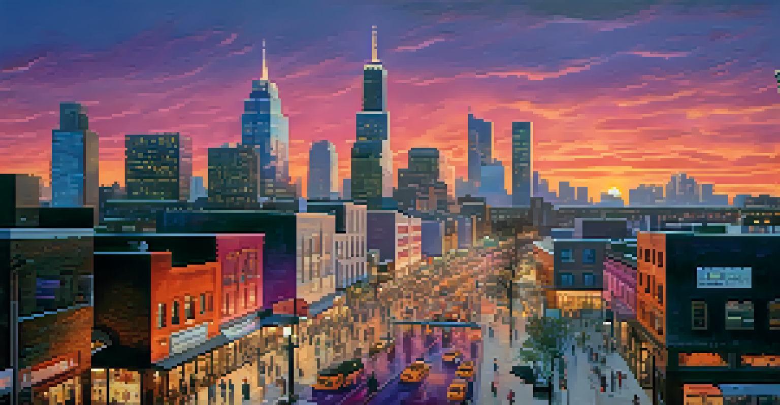 A vibrant city skyline at dusk with a colorful sunset and busy streets filled with people.