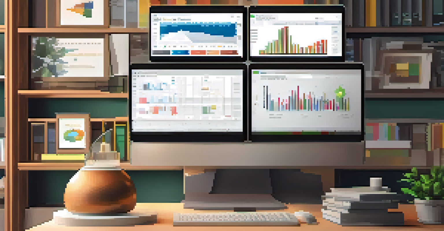 A computer screen showing investment tracking software with graphs in a cozy room setting.