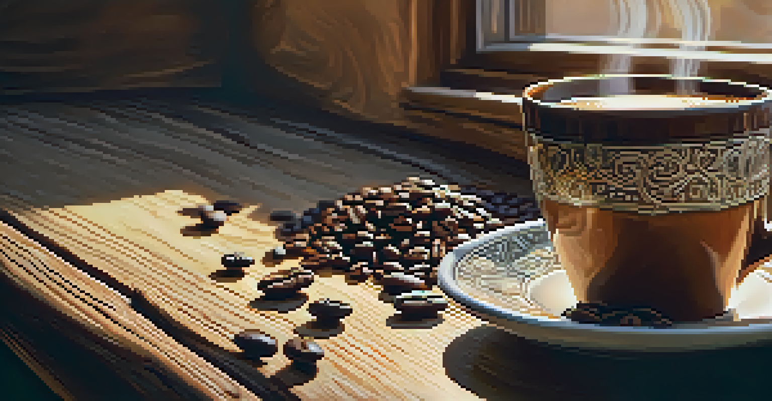 A close-up of a steaming cup of coffee on a wooden table with coffee beans around it, illuminated by sunlight.