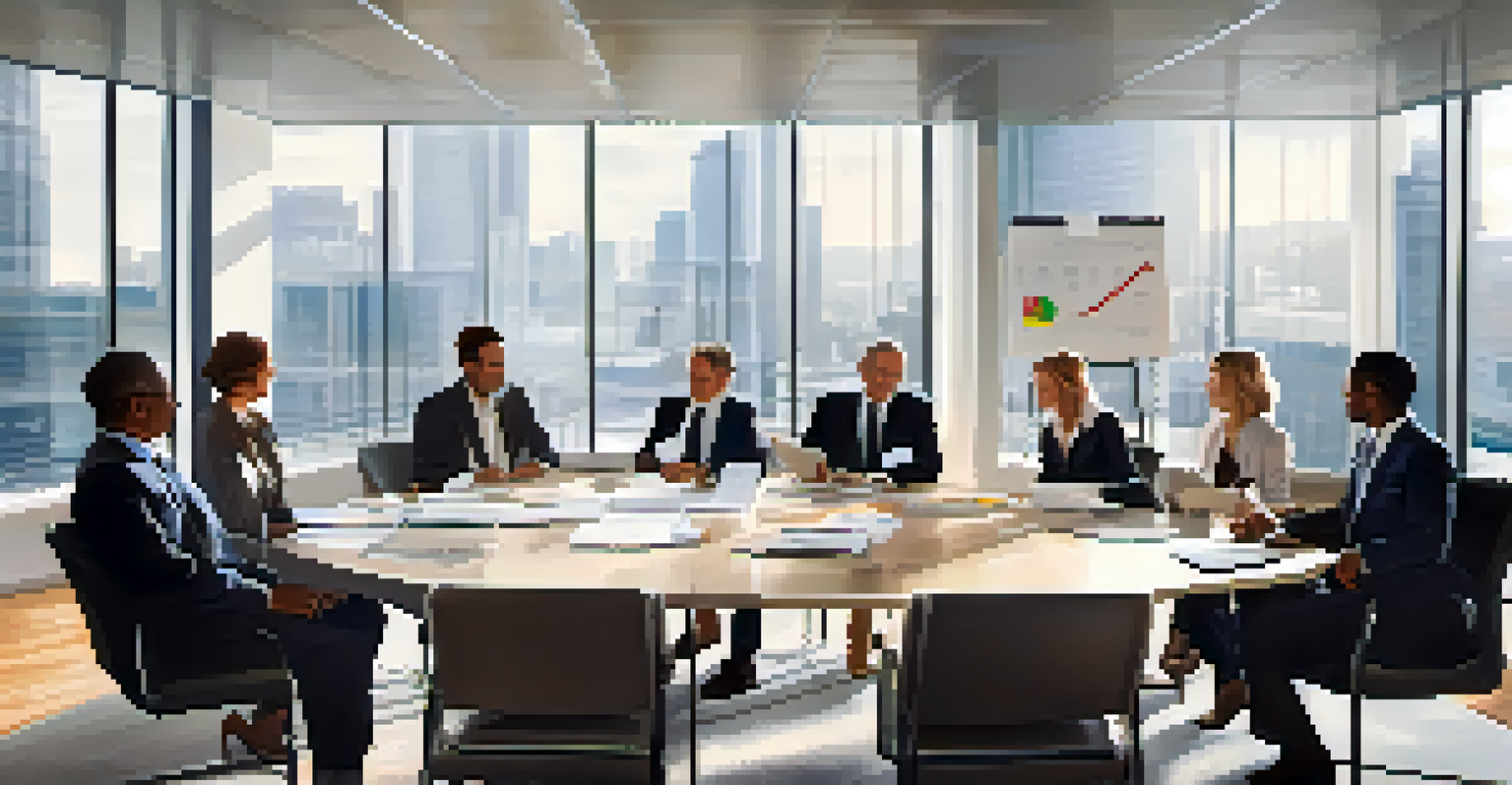 A diverse group of professionals in a meeting discussing merger and acquisition strategies with charts and documents on the table.