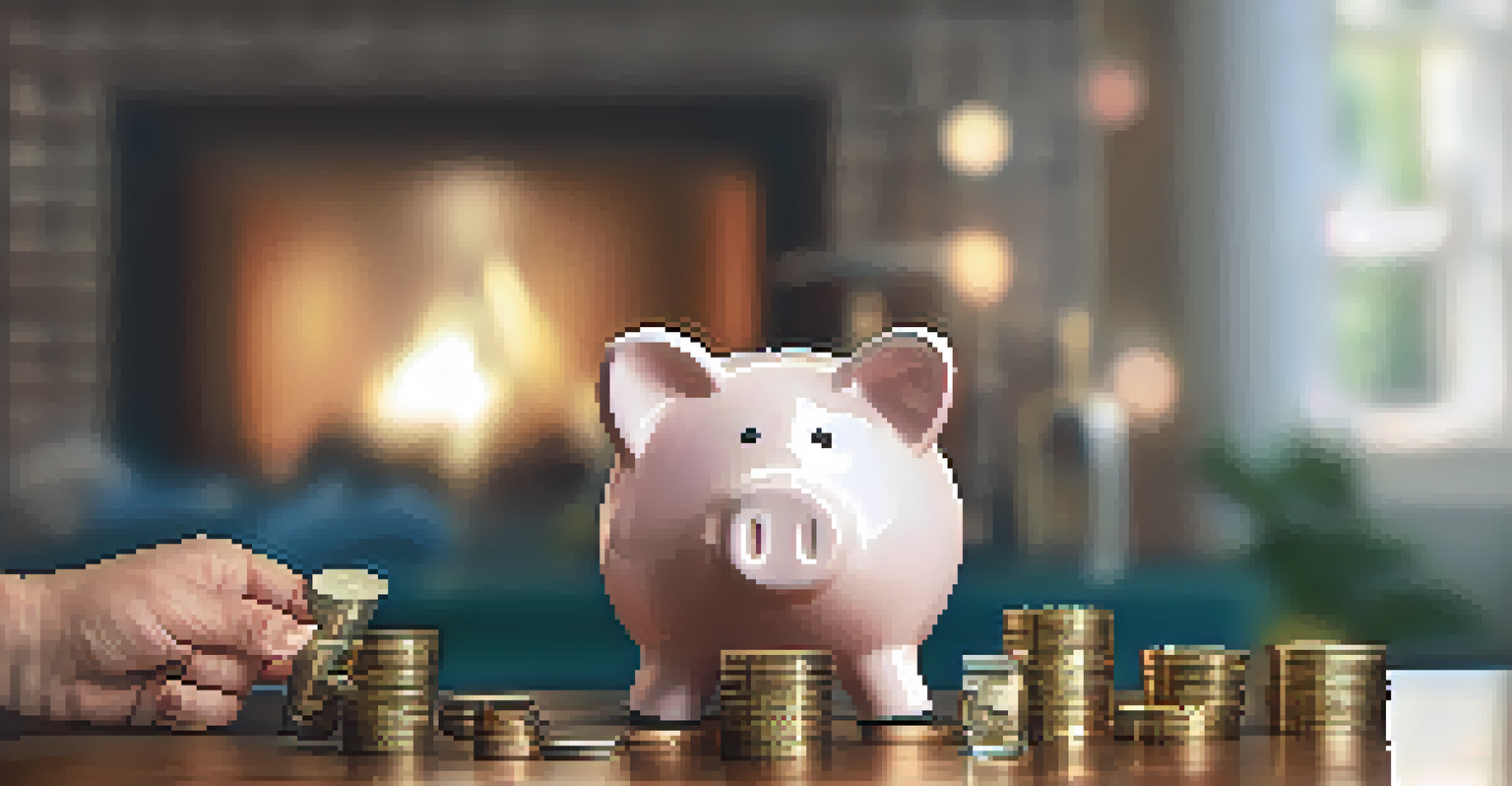 Two hands adding coins to a piggy bank labeled 'Retirement' on a wooden table.