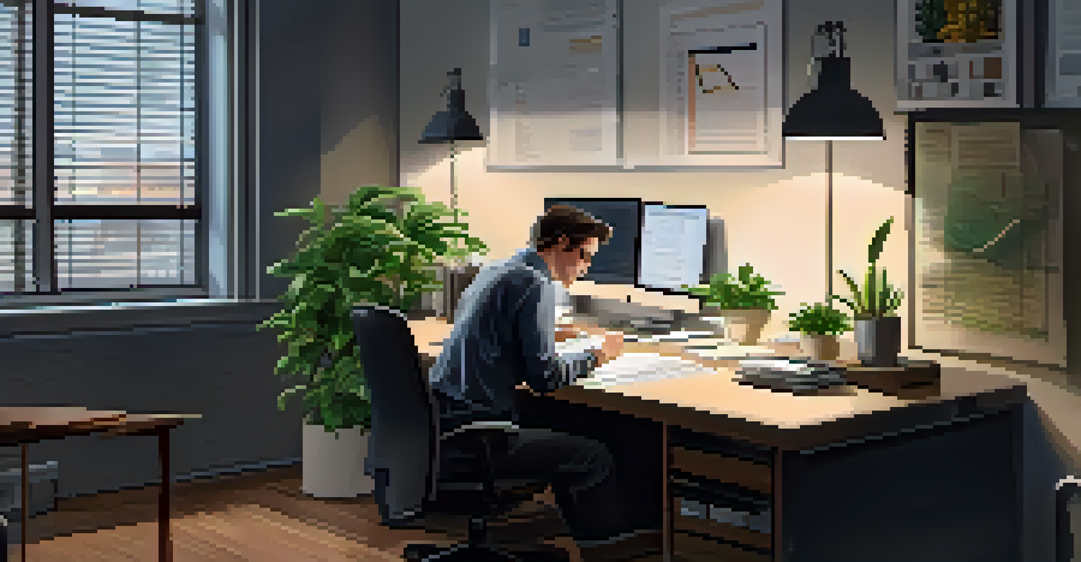A person reviewing financial documents on a laptop in a bright office space.