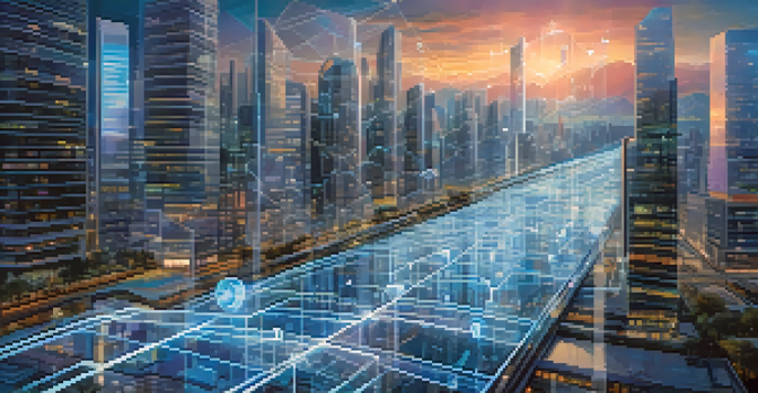 A futuristic city with transparent buildings displaying blockchain technology and illuminated transaction records, under a deep blue sky with holographic interfaces.