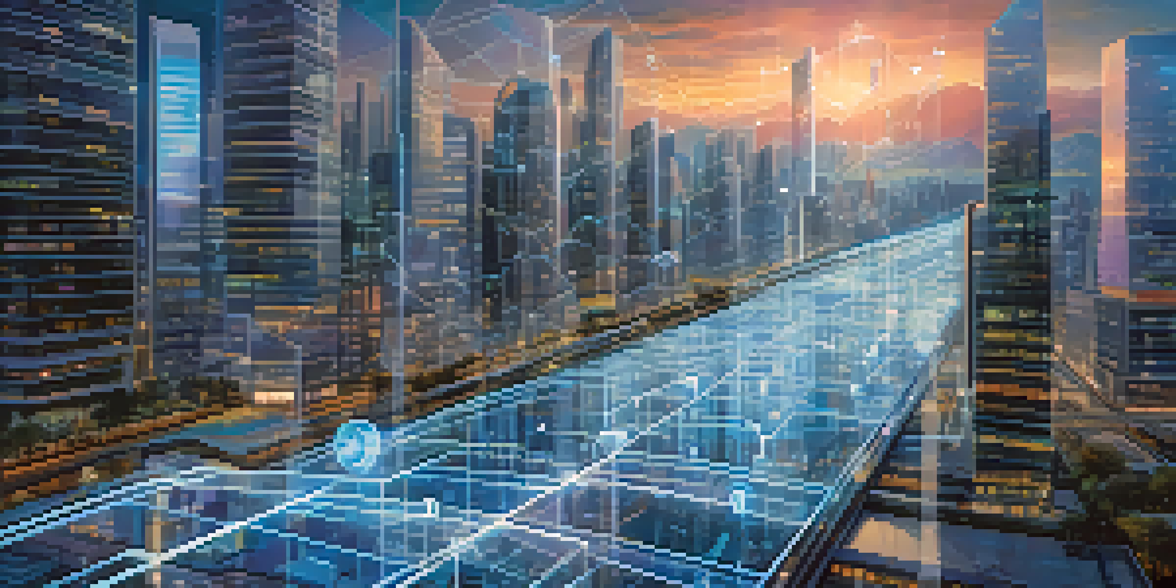 A futuristic city with transparent buildings displaying blockchain technology and illuminated transaction records, under a deep blue sky with holographic interfaces.