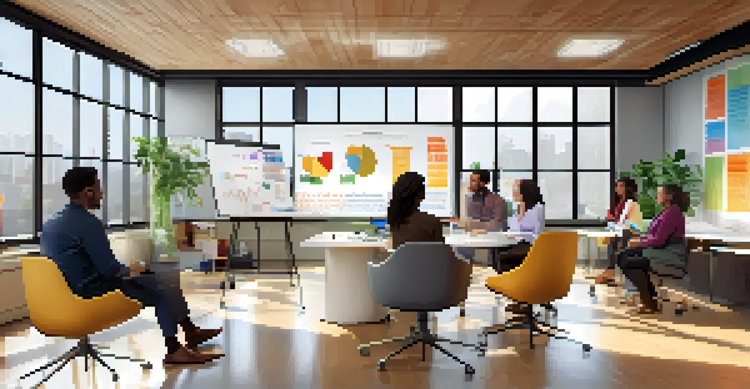 A team meeting in a bright office space, discussing fundraising strategies with charts on a whiteboard.