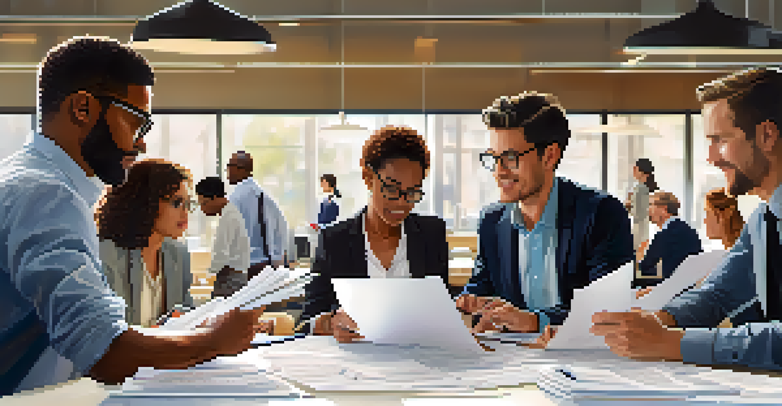 A diverse group of professionals working together in a modern office, discussing a project with enthusiasm.