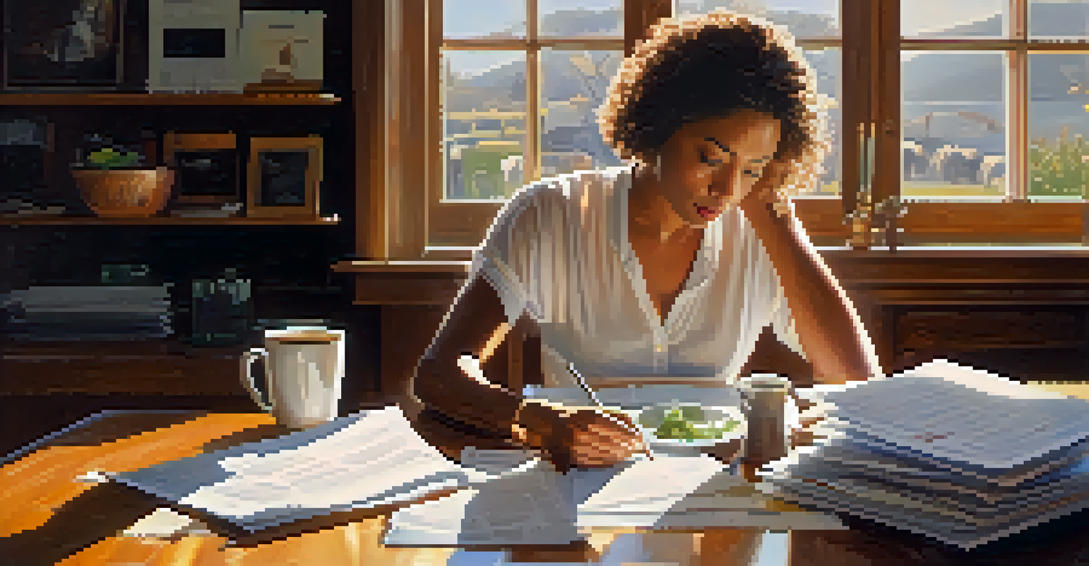 A person closely reviewing their W-2 form at a dining table filled with tax documents and a laptop, bathed in sunlight.