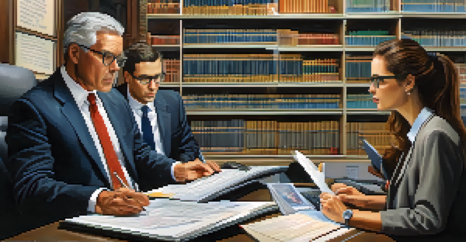 A tax professional explaining financial charts to a couple in an office, surrounded by books and documents.