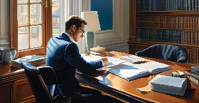 A tax advisor at a desk reviewing financial documents with a laptop, books, and a cup of coffee in a well-lit room.