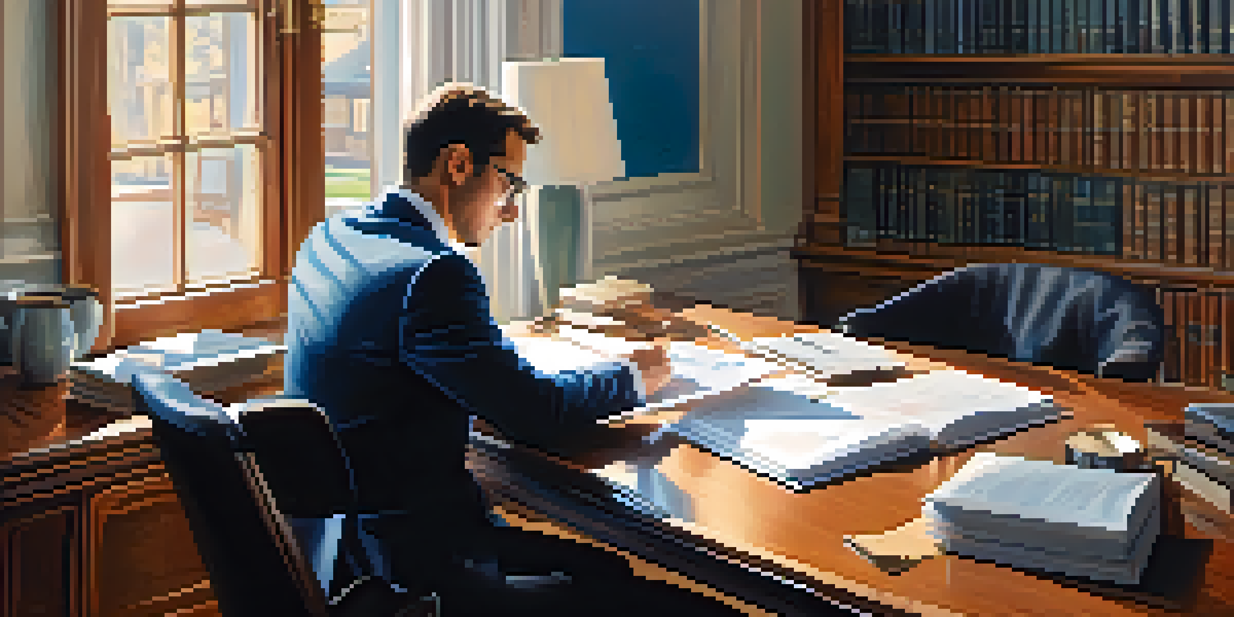 A tax advisor at a desk reviewing financial documents with a laptop, books, and a cup of coffee in a well-lit room.