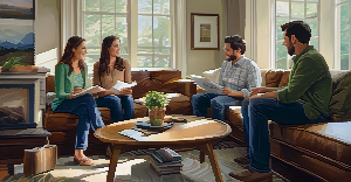 A family of four gathered in a cozy living room discussing financial planning, with natural light and warm colors.