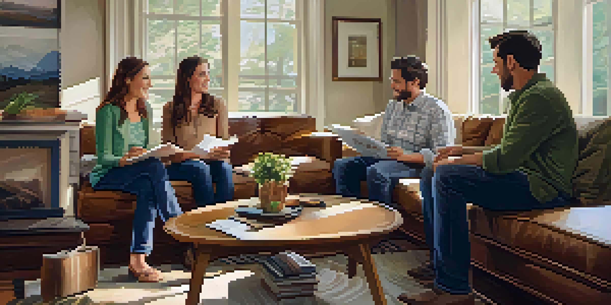 A family of four gathered in a cozy living room discussing financial planning, with natural light and warm colors.