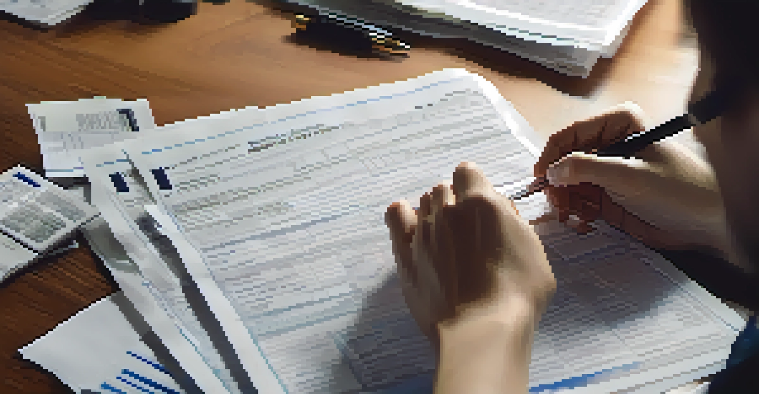 A close-up of hands filling out a tax form with a pen, surrounded by spreadsheets and notes in a well-lit environment.