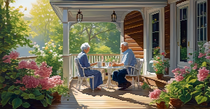 A retired couple sitting on a porch, enjoying tea and conversation on a sunny day, surrounded by flowers.