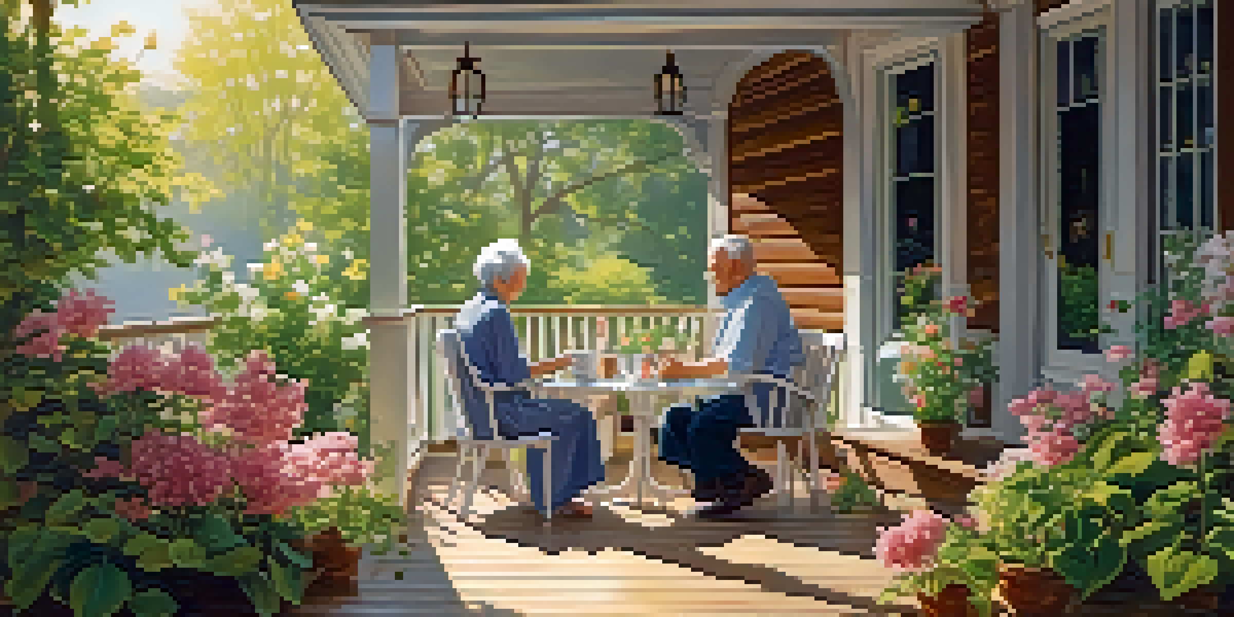 A retired couple sitting on a porch, enjoying tea and conversation on a sunny day, surrounded by flowers.