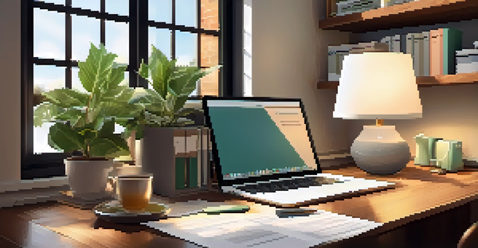 A tidy home office desk with organized tax documents, a laptop, and a coffee mug, illuminated by sunlight.