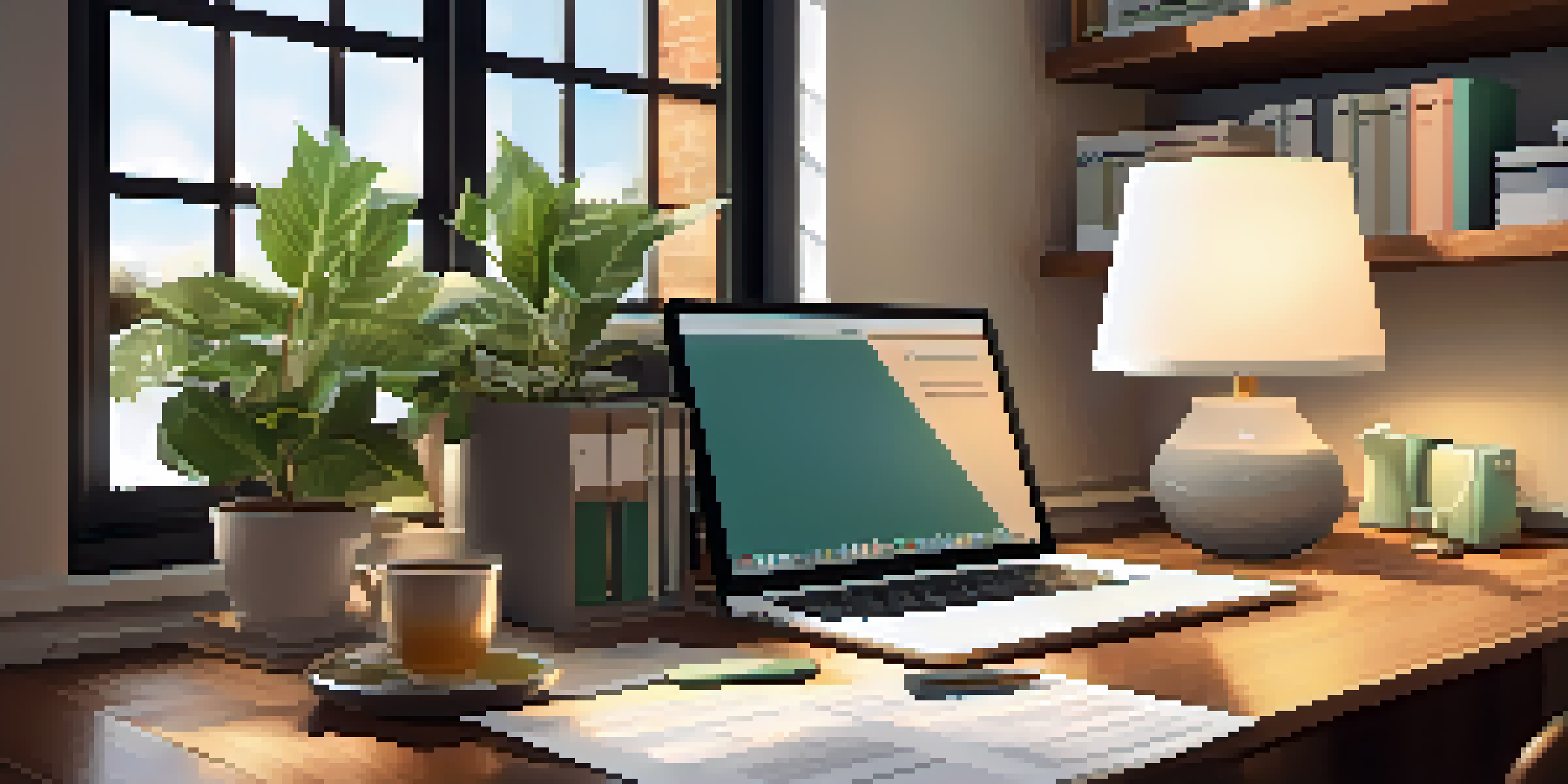 A tidy home office desk with organized tax documents, a laptop, and a coffee mug, illuminated by sunlight.